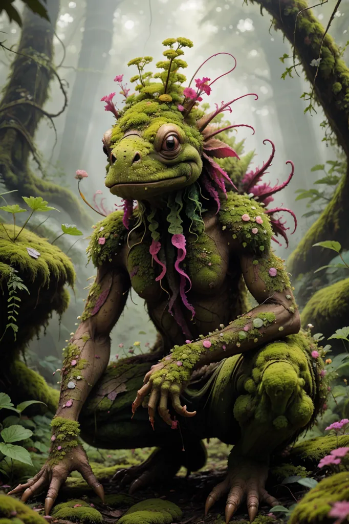 The image depicts a mystical creature resembling a frog, covered in vibrant green moss and adorned with delicate pink and purple flowers. It stands on all fours, its hind legs longer than its front ones, and its webbed fingers and toes suggest an affinity for water. The creature's eyes are a deep, piercing blue, and its mouth is slightly open, as if in a state of wonder or awe. It is crouched on the forest floor, surrounded by lush vegetation and dappled sunlight. The overall effect is one of enchantment and mystery, as if the creature is a guardian of the forest, embodying its untamed beauty and magic.