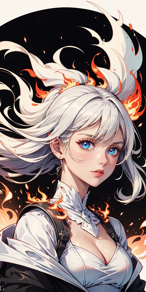 The picture shows a beautiful anime girl with long white hair and blue eyes. She is wearing a white and black outfit. Her hair is styled in a ponytail with orange fire-like ends. She has a serious expression on her face. The background is black with a few orange fire-like shapes.