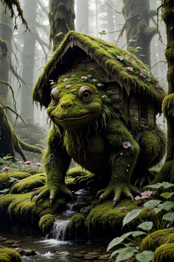 The image is a digital painting of a frog-like creature. The creature is covered in moss and has a small house on its back. It is standing in a misty forest, surrounded by trees and flowers. The creature is looking at the viewer with a friendly expression.