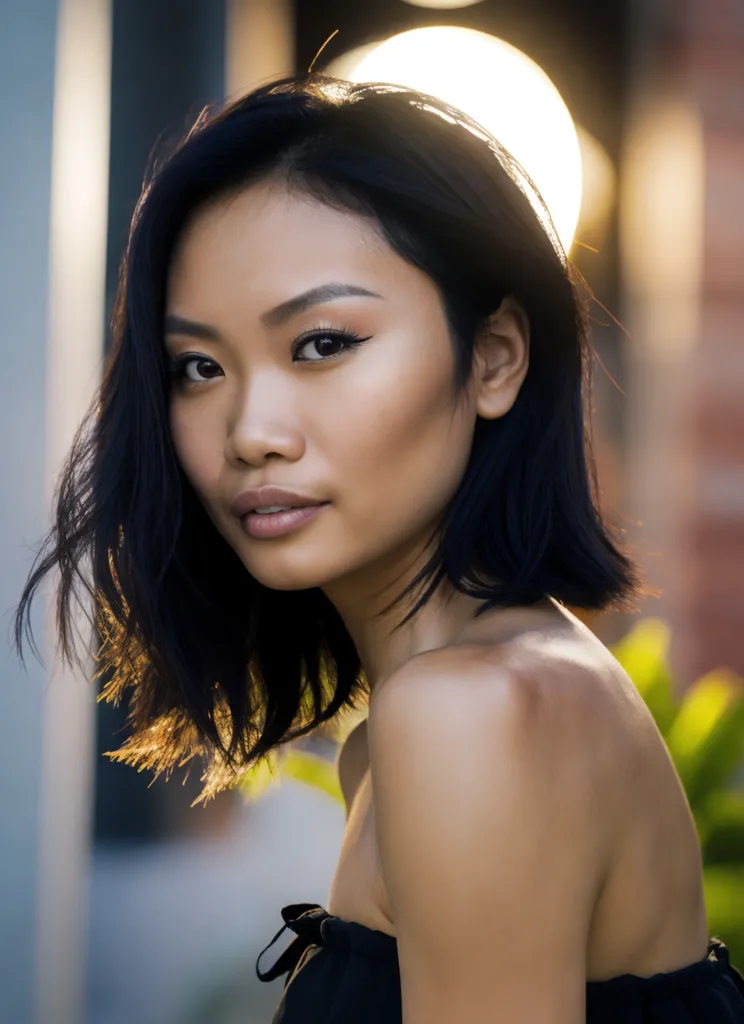 A young woman with short black hair and dark eyes is looking at the camera. She is wearing a black strapless top and has a serious expression on her face. The background is blurry and out of focus.