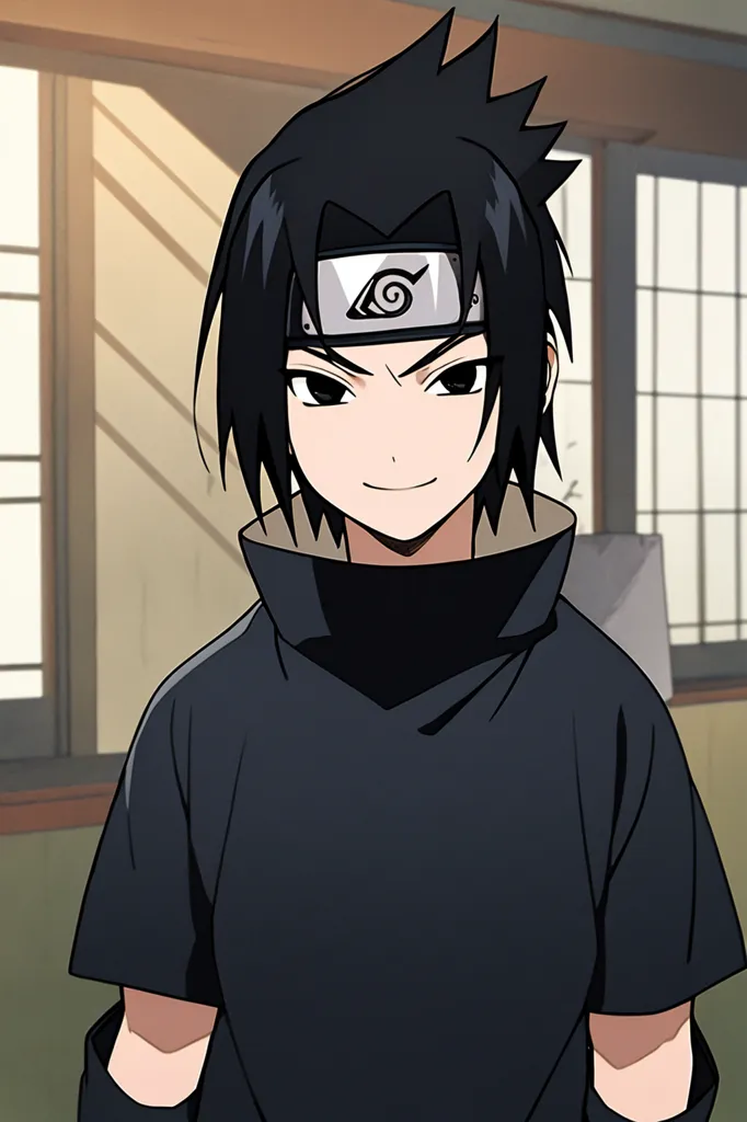 The image is of Sasuke Uchiha, a character from the anime series Naruto. He is a young boy with black hair and eyes, and he is wearing a black shirt with a white collar. He is also wearing a headband with the symbol of the Uchiha clan on it. He has a scar on his left cheek. He is standing in a room with a traditional Japanese-style interior.