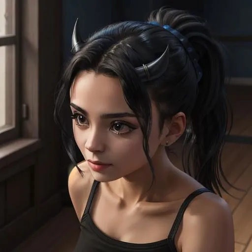 RAW photo, masterpiece, 8k, high quality, high resolution, sharp focus, extremely detailed, 1girl, 26-year-old cute, petite succubus, (horns 1.8) black hair, ponytail, tiny body, With Thick Eyelashes, small mouth, extremely delicate and beautiful, during the evening, (after sunset) , beautiful dark brown eyes, natural lighting, in the living room wearing a (dark blue) (large, loose 1.5) (t-shirt) (untucked. 1.5) and jeans, coming forward to get a kiss, loving smile