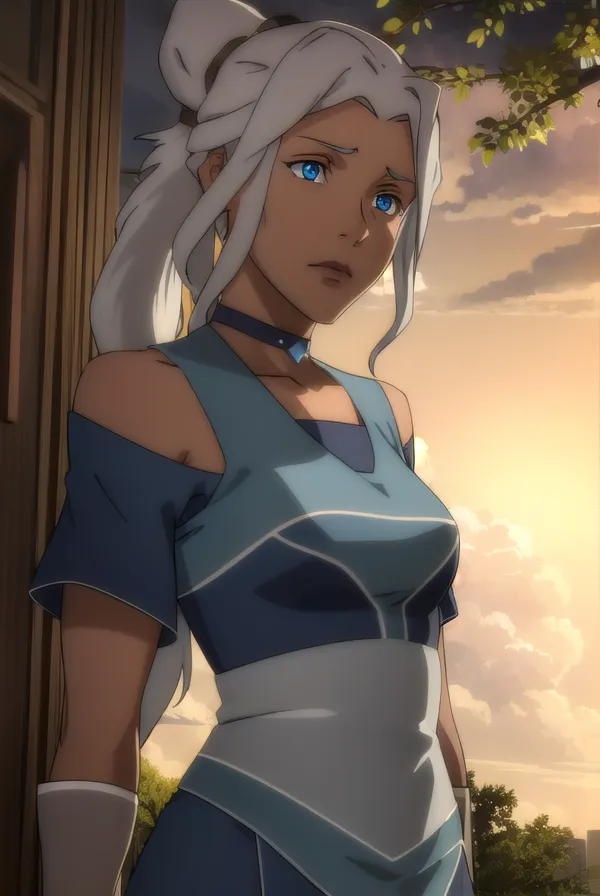 The image shows a young woman of Water Tribe descent from the Avatar series. She has fair skin, blue eyes, and long white hair tied in a bun. She is wearing a blue and white outfit. She has a necklace with a blue gem on it. She is standing in front of a blue background with a gradient of yellow and orange.