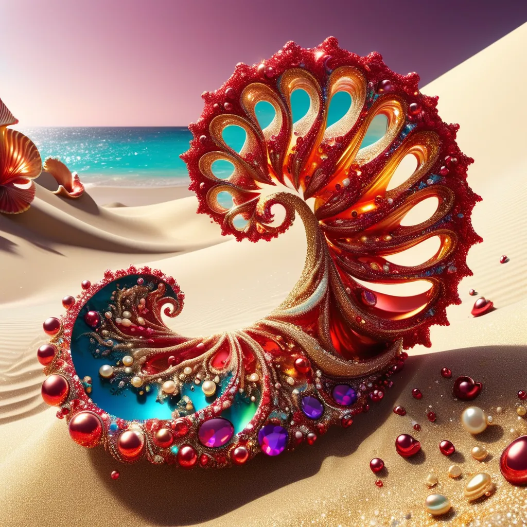 The image is a beautiful seashell with intricate details. It has a spiral shape and is made of red, orange, and yellow colors. The shell is sitting on the beach with the ocean in the background. The sand is white and there are other shells scattered around. The image is very calming and peaceful.