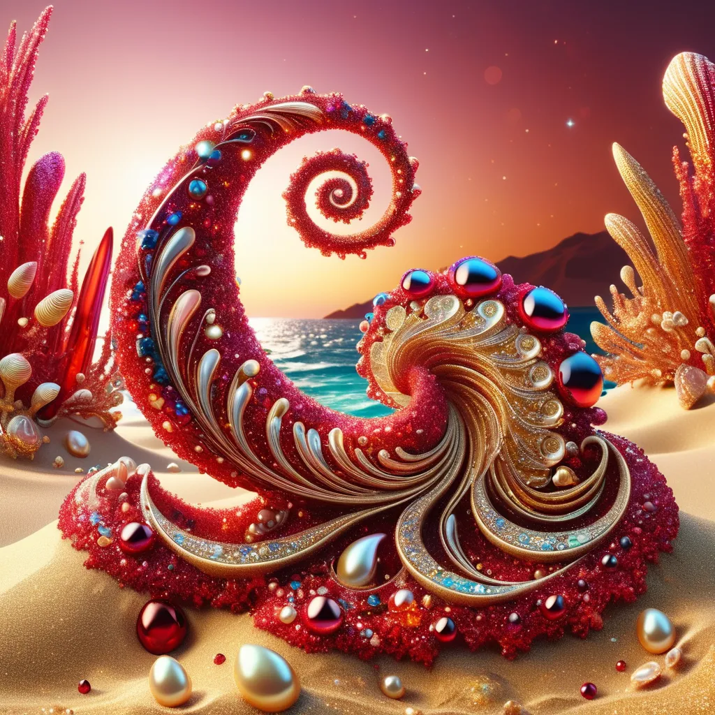 The image is a beautiful seascape. The foreground is a sandy beach with a red seashell in the center. The seashell is intricately carved and decorated with pearls and jewels. The background is a blue ocean with a pink sunset. The water is calm and there are no waves. The sky is a deep blue and there are a few stars twinkling. The image is very peaceful and serene.