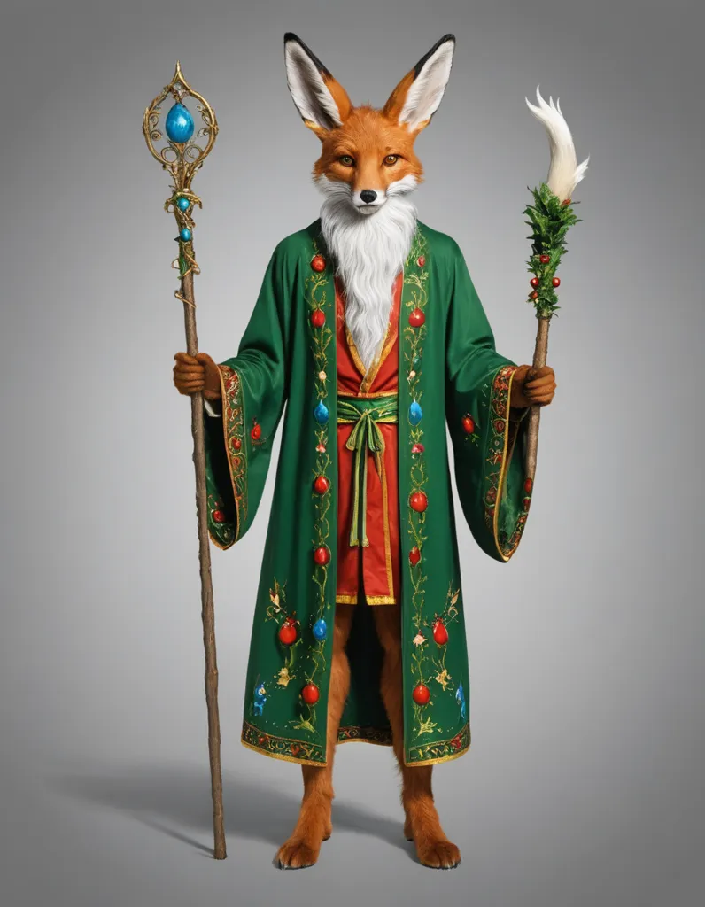 The image shows a red fox standing on its hind legs. It is wearing a green robe with red and gold trim. The fox is also wearing a red sash and a gold necklace. It has a staff in its right hand and a holly branch in its left hand. The fox has a serious expression on its face. It seems to be looking at something or someone.