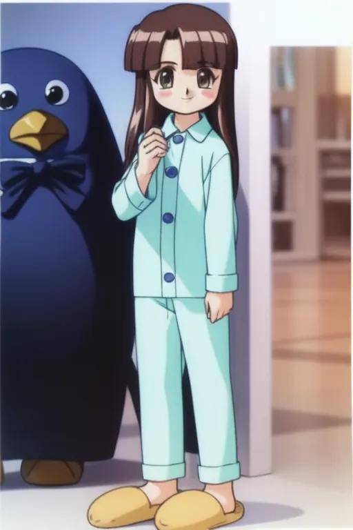 The image shows a young girl in her pajamas. She has brown hair and brown eyes. She is wearing a blue and white striped nightgown. The girl is standing in a room with a blue wall. There is a penguin toy on the floor next to her. The girl is looking at the penguin toy.