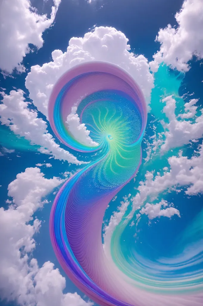 The image is a colorful and vibrant depiction of a tornado. The tornado is shown as a swirling column of air that is surrounded by clouds. The tornado is depicted in a variety of colors, including blue, green, purple, and pink. The tornado is set against a background of white clouds and a blue sky. The tornado is shown in a realistic style, and the image appears to be taken from a distance.