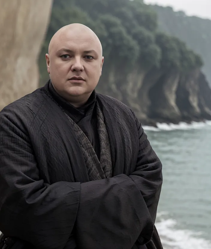 The image shows a man standing on a cliff. He is wearing a black robe with a white collar. He has no hair and his face is pale. He has a stern expression on his face. The background is a rocky cliff with the ocean in the distance.