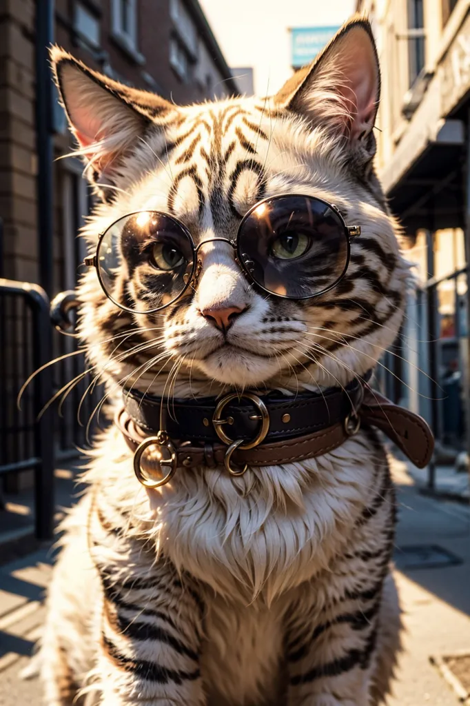 This is an image of a cat wearing sunglasses and a collar. The cat has brown and white fur, and the sunglasses are black. The collar is brown and has a metal buckle. The cat is sitting on a gray concrete surface, and there are buildings in the background.