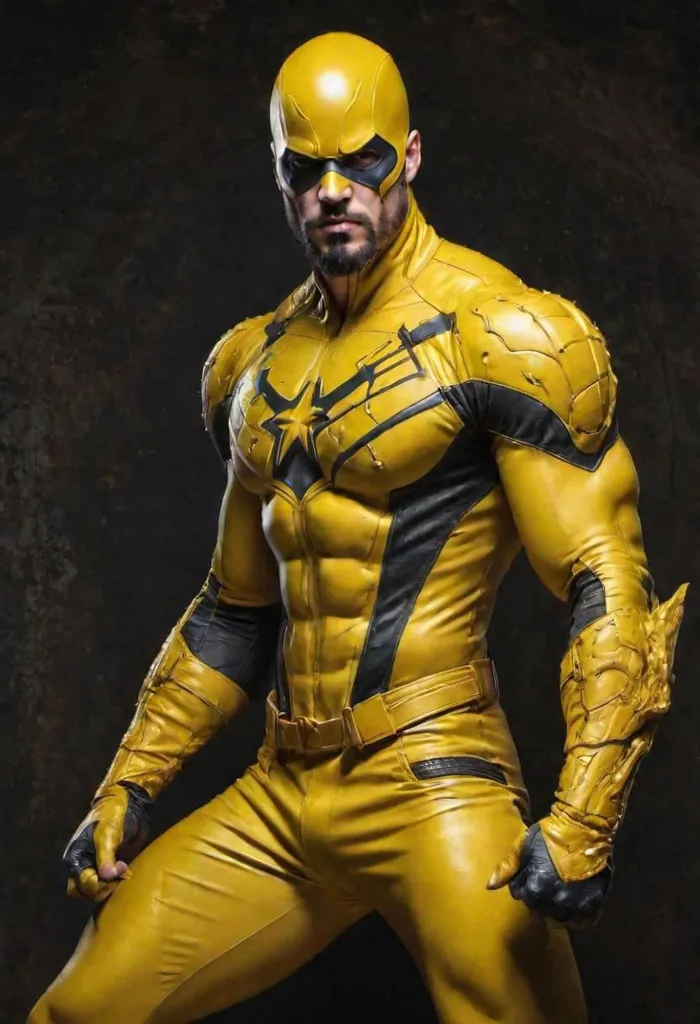 The image shows a superhero wearing a yellow and black costume. The superhero has a muscular build and is looking at the viewer with a determined expression. The superhero's costume is made of a shiny material and has a star on the chest. The superhero is also wearing a mask that covers their eyes.