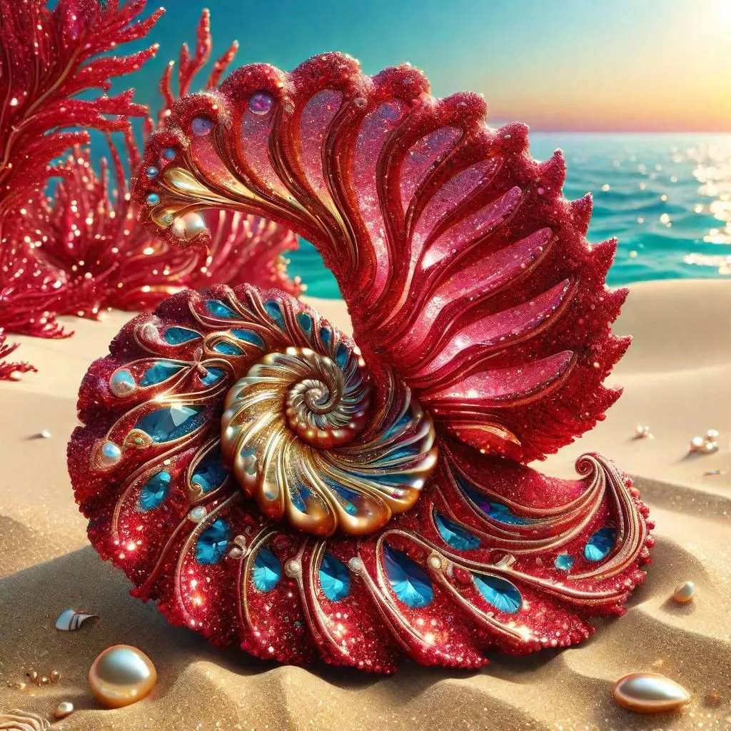 This image shows a red and gold seashell on a beach. The seashell is decorated with pearls and jewels, and there are coral reefs and the ocean in the background. The image is very colorful and has a surreal quality to it.