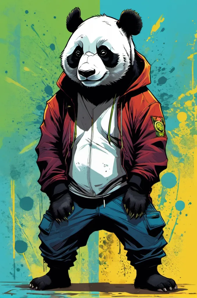 A graffiti-covered wall serves as the backdrop for a stylish panda. It's dressed to impress in a red hoodie and blue jeans. A gold chain around its neck adds a touch of bling, and its confident expression suggests that it knows it looks good. The panda is standing with its feet shoulder-width apart, its hands resting on its hips. It's clear that this panda is ready to take on the world.