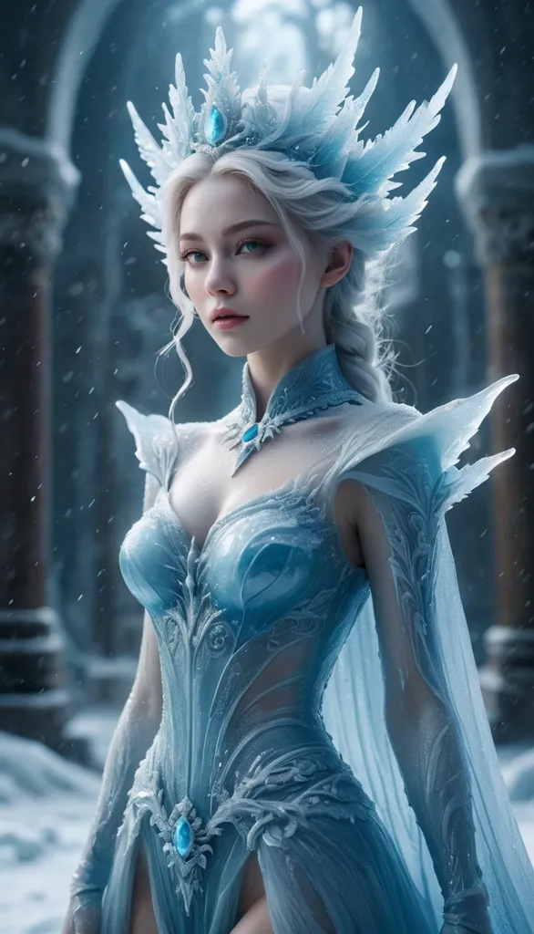 This is an image of a beautiful woman with long white hair and blue eyes. She is wearing a blue dress with a white cape. The dress is made of ice and snow. She is standing in a snowy forest. There are ice crystals floating in the air around her. She is the Snow Queen.