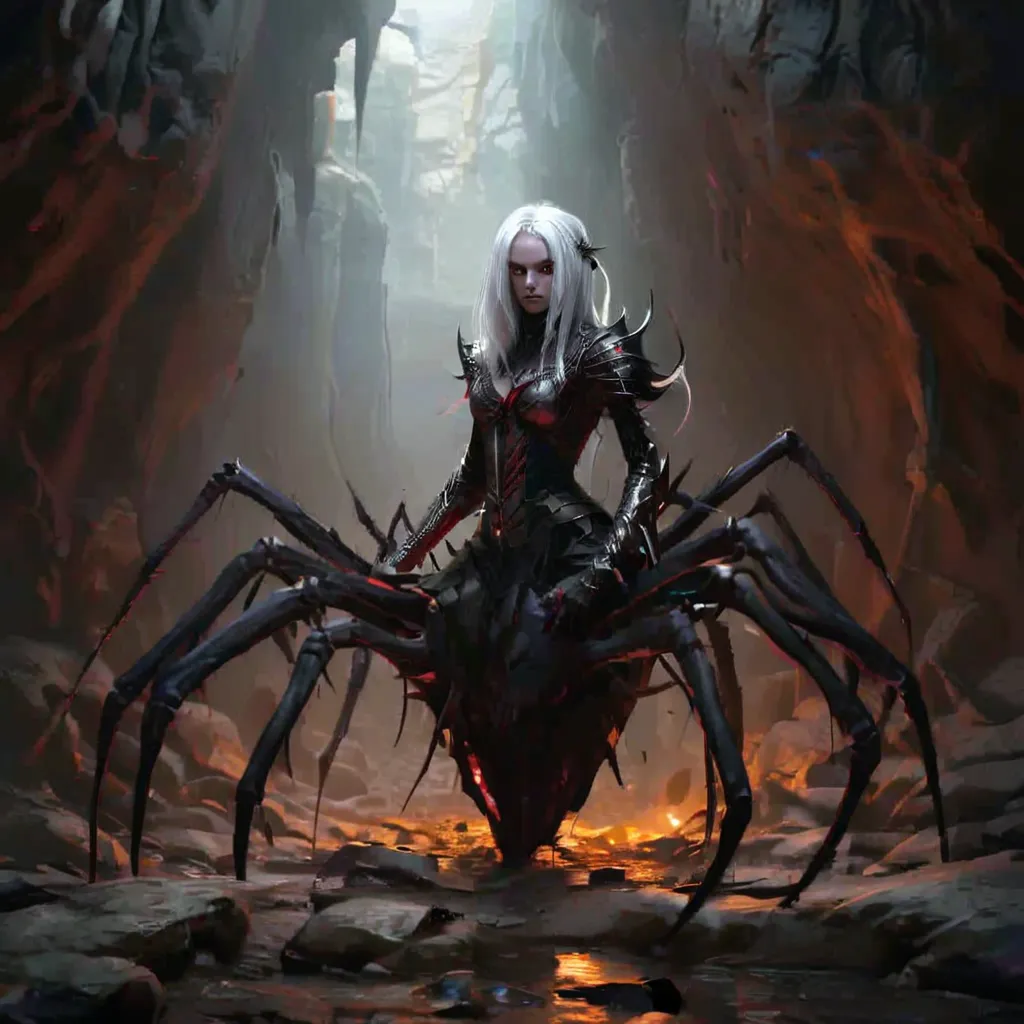 The image depicts a dark and dangerous cave, with a spider-like creature lurking in the shadows. The creature is mostly humanoid, with the head and torso of a woman, but it has eight long, spindly legs and a spider-like abdomen. Its skin is pale and translucent, and its eyes are a deep, glowing red. The creature is crouched on the ground, its legs spread wide, and its pincers are dripping with venom. It is poised to attack, and its victim is nowhere to be seen. The cave is filled with a thick, suffocating mist, and the only sound is the dripping of water from the walls. The creature is patient, and it knows that its prey will eventually come.