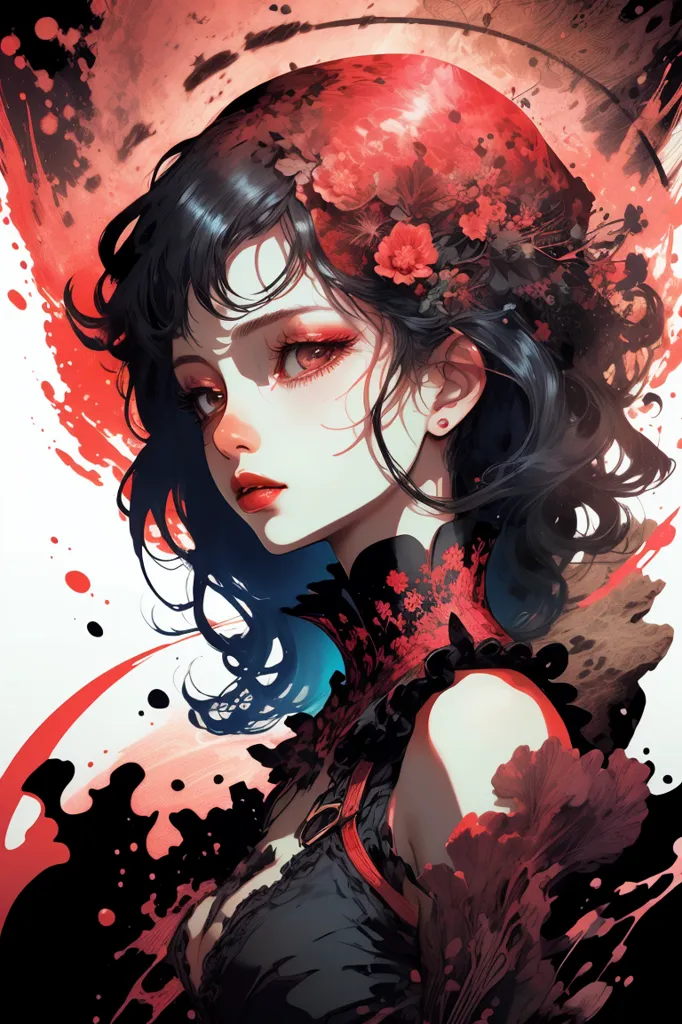 This is an image of a woman with long black hair and red eyes. She is wearing a red and black dress with a high collar. There are red flowers in her hair and around her neck. The background is white with red and black paint splatters.