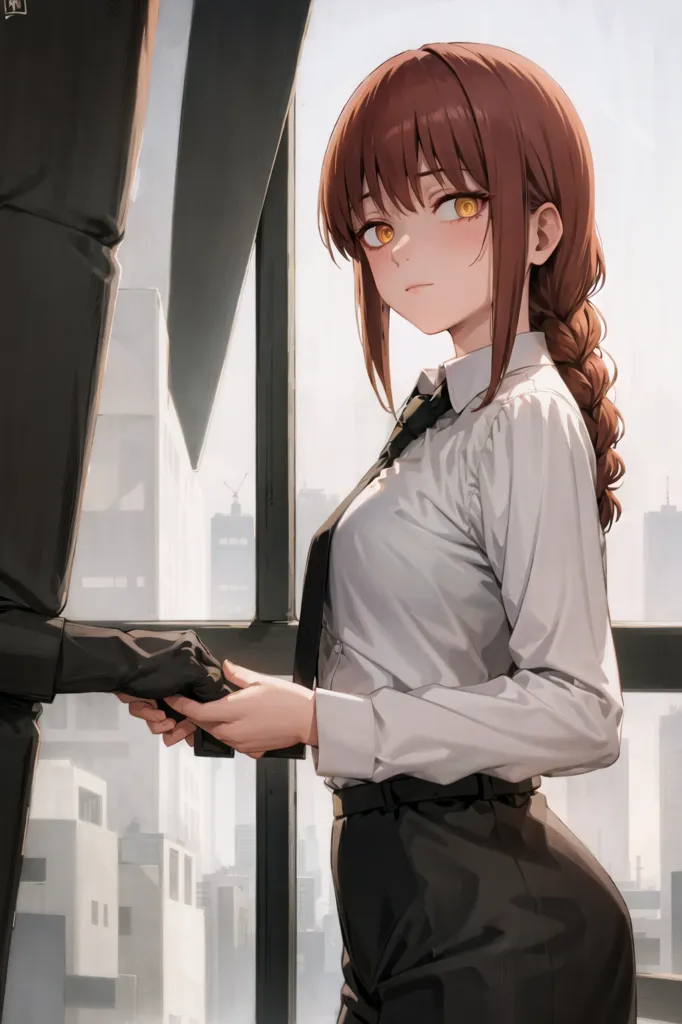 This is an image of a young woman standing in front of a window. She is wearing a white dress shirt, black pants, and a tie. Her long brown hair is braided and she has yellow eyes. She is looking at the viewer with a serious expression. There is a dark figure standing in the doorway behind her. The figure is wearing a black suit and has a black mask on. The figure is holding a chainsaw.