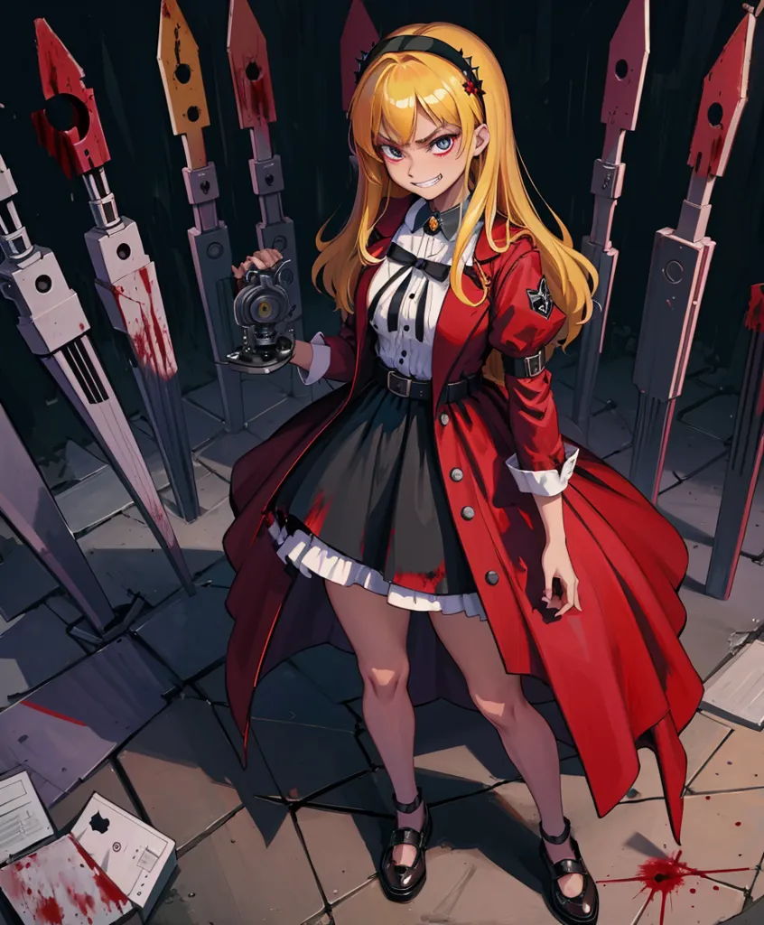 This is an image of a girl with long blond hair and red eyes. She is wearing a red coat and a black dress. She is holding a camera and there are many swords stuck in the ground behind her. The girl has an evil smile on her face.