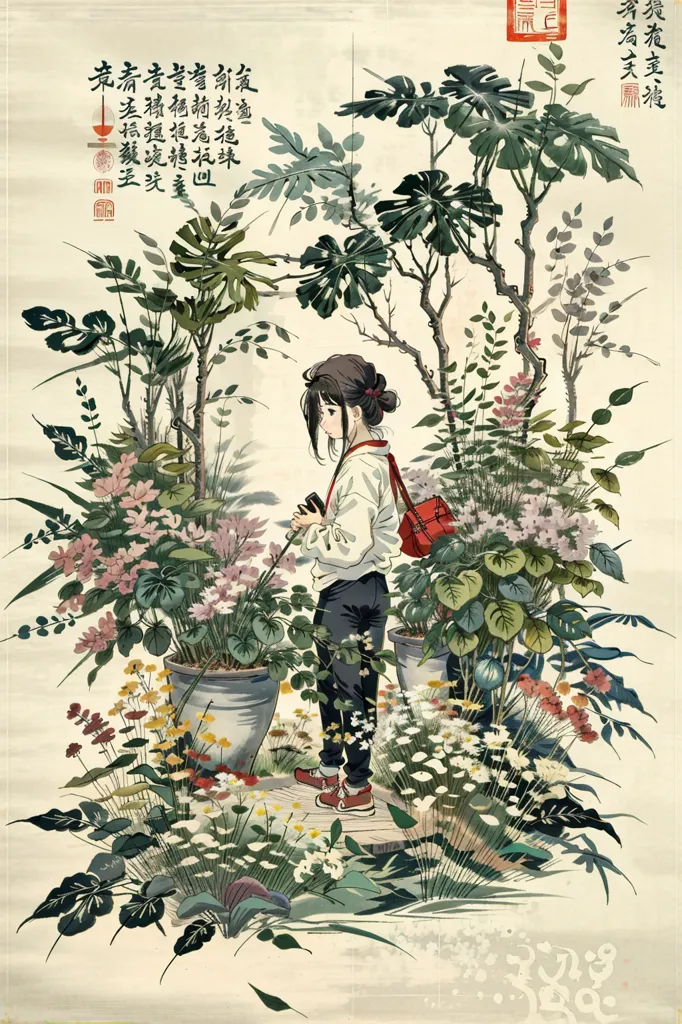 The image is a painting of a girl standing in a garden. The girl is wearing a white shirt, black pants, and red sneakers. She has a red bag on her shoulder and is holding a camera. The garden is full of flowers and plants. There are two large trees in the background and many flowers in the foreground. The painting is done in a realistic style and the colors are vibrant and lifelike. The image is peaceful and serene and captures the beauty of nature.