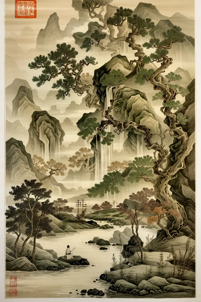 The image is a Chinese painting in the style of the Song dynasty. It depicts a mountainous landscape with a river flowing through it. The mountains are covered in trees and the river is spanned by a bridge. In the foreground of the painting, there is a small boat with a fisherman in it. The painting is done in a realistic style and the artist has used a variety of techniques to create a sense of depth and atmosphere. The overall effect of the painting is one of peace and tranquility.