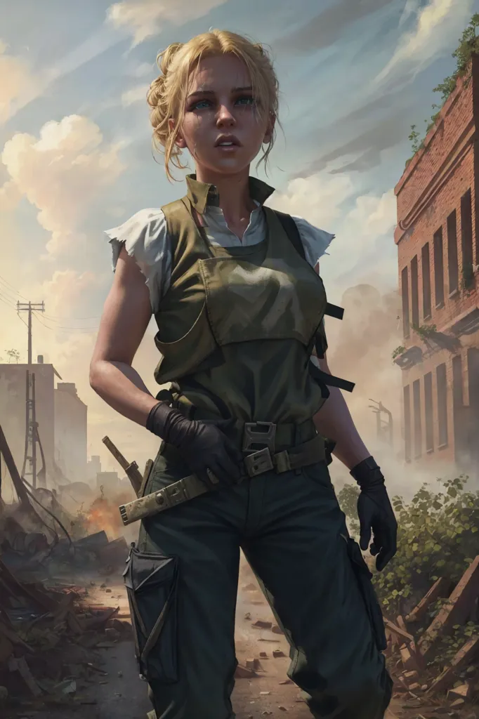 The image shows a young woman standing in a post-apocalyptic city. The city is in ruins, with destroyed buildings and debris everywhere. The woman is wearing a tattered shirt and pants, and she has a gun in her hand. She looks tired and sad, and it is clear that she has been through a lot. The image is full of emotion, and it captures the feeling of hopelessness and despair that is common in post-apocalyptic stories.