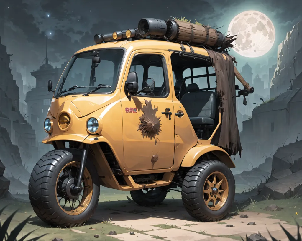 The image shows a post-apocalyptic vehicle. It is a small, yellow car with a large engine and a roll cage. The car is armed with a machine gun and a rocket launcher. There is a large moon in the background and a destroyed city in the distance.