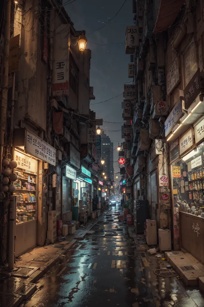 The image is a dark and narrow alleyway in a city. It is night time and the only light comes from the street lamps and the lights from the shops. The alleyway is wet from the rain and there is a puddle in the middle of the alleyway. The buildings on either side of the alleyway are tall and narrow, and they are covered in graffiti. There are a few people walking in the alleyway, and they are all wearing coats and hats to protect them from the cold. The alleyway is full of trash and debris, and it looks like it has not been cleaned in a long time.