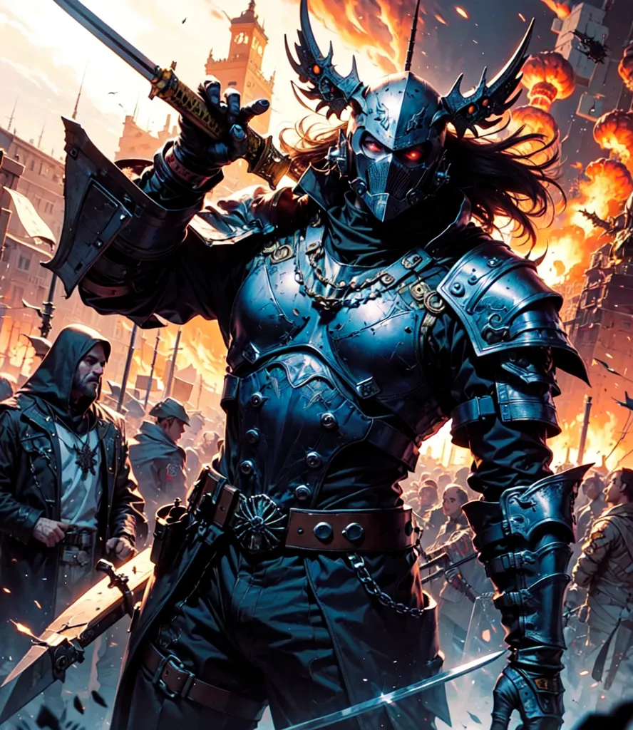 The image shows a knight in dark armor with a horned helmet. He is standing in a city that is on fire. There are people running away from him. The knight is holding a sword and a shield. He looks like he is ready to fight.