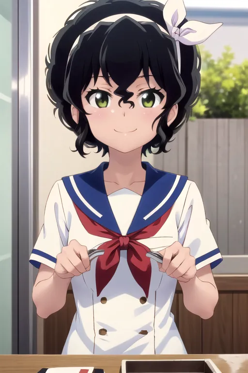 The image shows a young girl with short black hair and green eyes. She is wearing a white shirt with a red bow and a blue sailor collar. She is also wearing a white apron. She is standing in a kitchen, and she is holding a fork and a knife. She has a happy expression on her face, and she seems to be enjoying cooking.