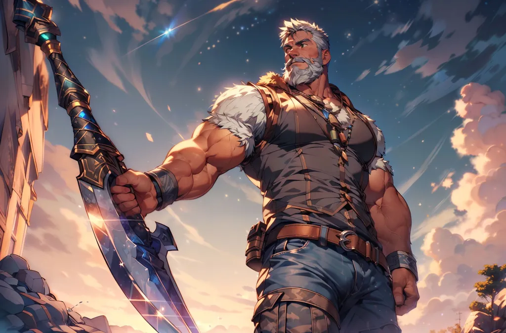 This is a picture of a man with a large sword. He is standing on a cliff, looking out over a vast landscape. The sky is blue, and the sun is shining. The man is wearing a vest, and he has a beard. He is muscular, and he looks like he is ready for battle.