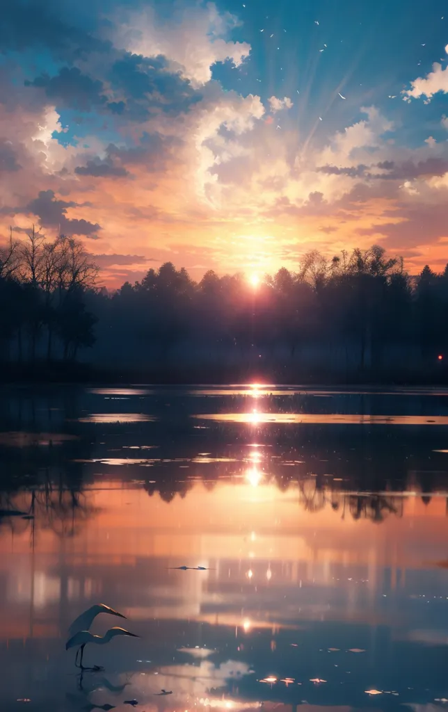 The setting sun casts a golden glow on the lake, reflecting off the surface of the water and illuminating the trees on the shore. A lone bird flies across the sky, silhouetted against the vibrant colors of the sunset. The sky is ablaze with color, the clouds reflecting the warm hues of the setting sun. The scene is one of peace and tranquility, the perfect place to relax and reflect on the beauty of nature.