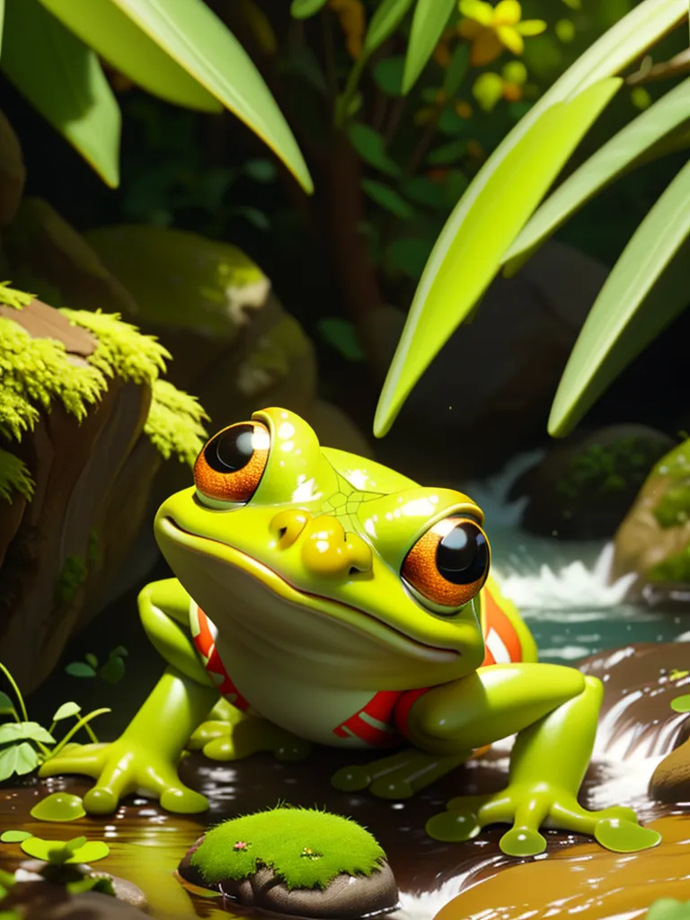 This is a 3D rendering of a green frog sitting on a rock in a lush rainforest. The frog has big orange eyes and a red and white striped belly. It is looking at the camera with a curious expression. The rock is covered in moss, and there are green leaves and yellow flowers all around. In the background, there is a small waterfall.