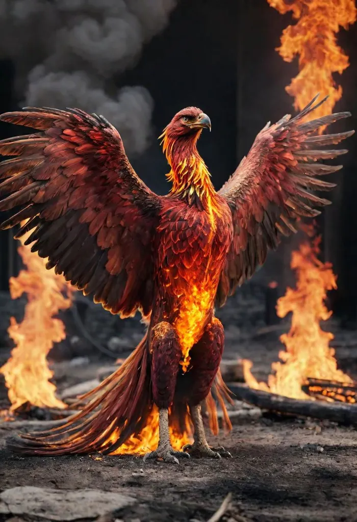 The phoenix is a mythical bird that is said to rise from the ashes of its own death. It is a symbol of hope, renewal, and transformation. The phoenix is often depicted as a large, brightly colored bird with a long tail. It is said to be able to fly high into the sky and then dive down to the ground, where it will burst into flames. The phoenix is then said to be reborn from the ashes of its own death.