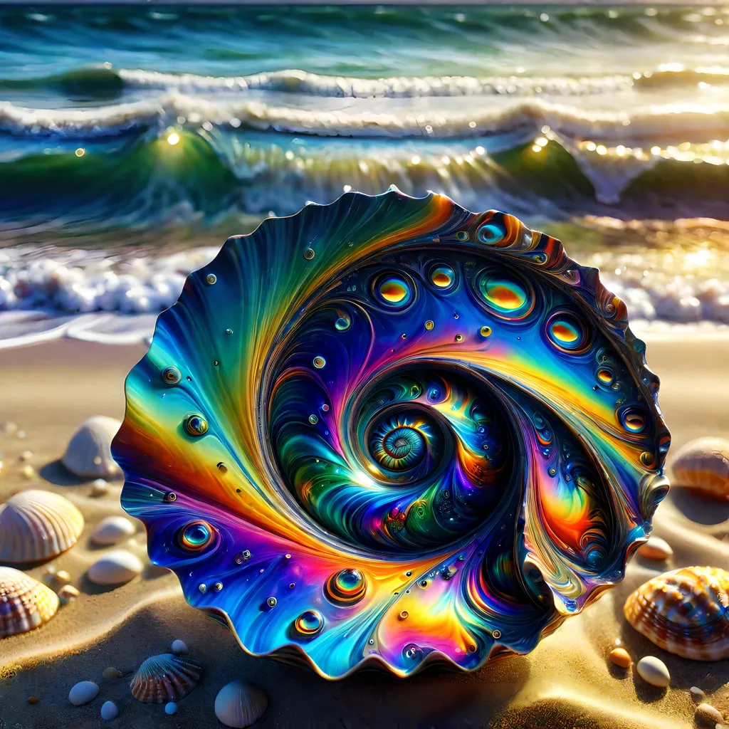 The image is a close-up of a colorful seashell on the beach. The shell is a rainbow of colors, with blues, greens, and purples predominating. The shell is also covered in intricate patterns and designs. The waves are gently crashing in the background. The sun is shining brightly, and the sand is warm. The image evokes a feeling of peace and tranquility.