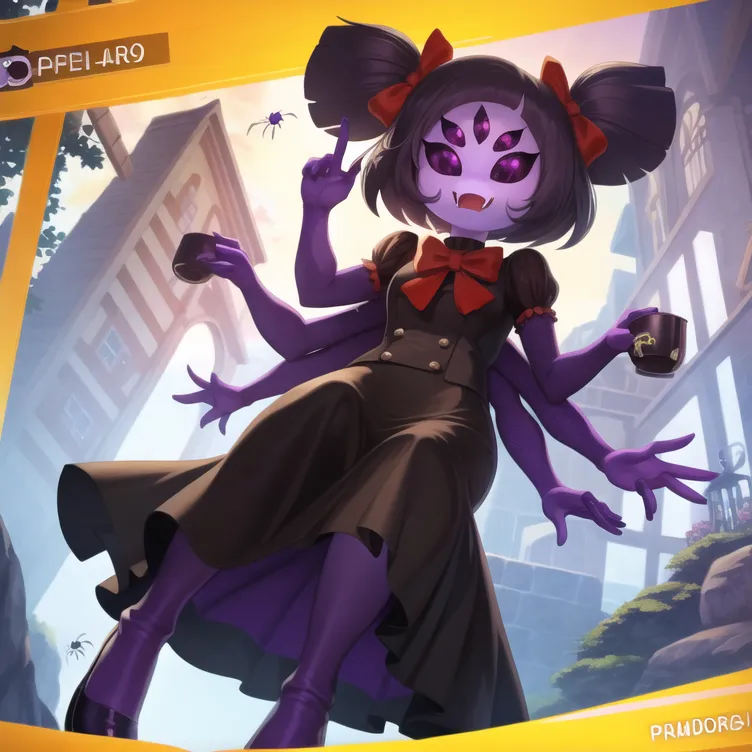 The image is of Muffet from the indie game Undertale. She is a spider-like creature with purple skin and eight arms. She is wearing a black dress with a red bowtie and has a small red spider on her head. She is standing in a town, with a building behind her. She is holding a teacup in one hand and has a small spider on her other hand.