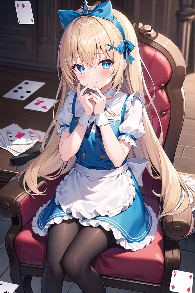 The image is of a young girl with long blonde hair and blue eyes. She is wearing a blue and white maid outfit with a white apron. There is a blue bow in her hair and a card sticking out of it. She is sitting in a red velvet chair with playing cards scattered on the table next to her.