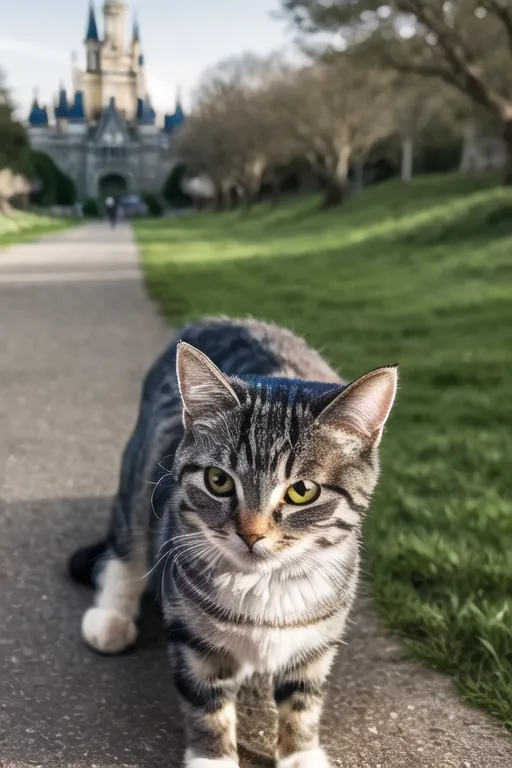 一只灰白色的猫正蹲在城堡前的人行道上。这只猫有黄绿色的眼睛,正看着镜头。城堡在背景中,由灰色的石头建造,有蓝色的塔楼。通往城堡的小路两侧有树木和草地。