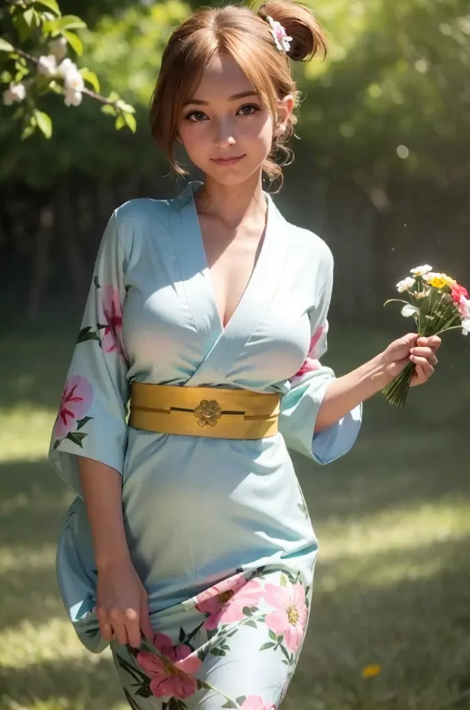 图像显示一位穿着蓝色和服的年轻女性。和服上有花卉图案,系着黄色的腰带。她的头发梳成两个髻,化着淡妆。她站在一个花园里,手里拿着一束鲜花。背景模糊,但似乎有树木和花朵。女性正在微笑,看起来很高兴。