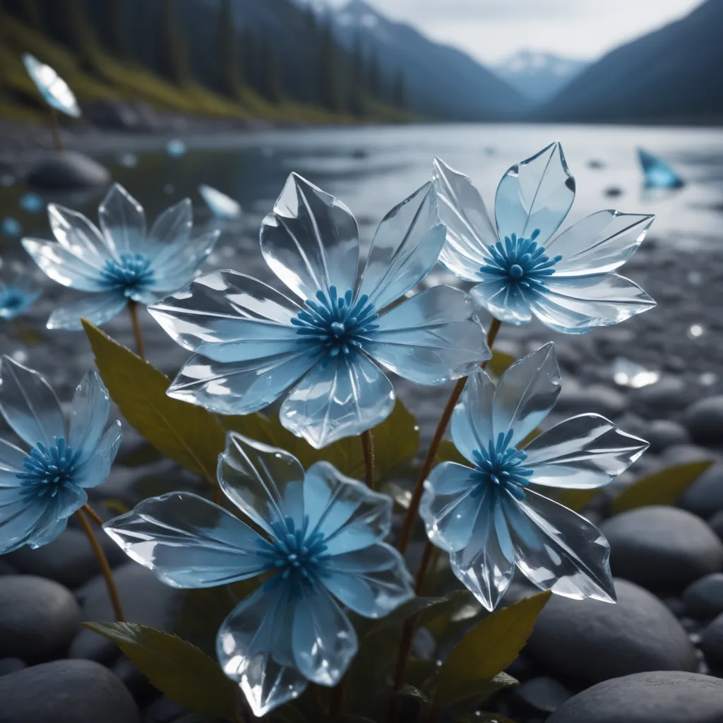 The image is of a group of transparent flowers with blue centers. The flowers are arranged in a cluster, with the largest flower in the center. The petals of the flowers are delicate and translucent, and the veins in the petals are visible. The stems of the flowers are also transparent, and the leaves are a light green color. The flowers are set against a background of a lake and mountains. The water in the lake is a deep blue color, and the mountains are covered in snow. The image is very beautiful and ethereal, and it captures the beauty of nature.