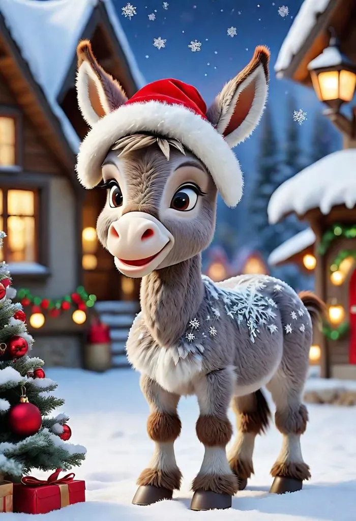 This image shows a cute donkey wearing a red Santa hat. The donkey is standing in a snowy village. There are houses, trees, and presents in the background. The donkey is looking at the camera and smiling. It has snowflakes on its fur. The image is very cute and festive.