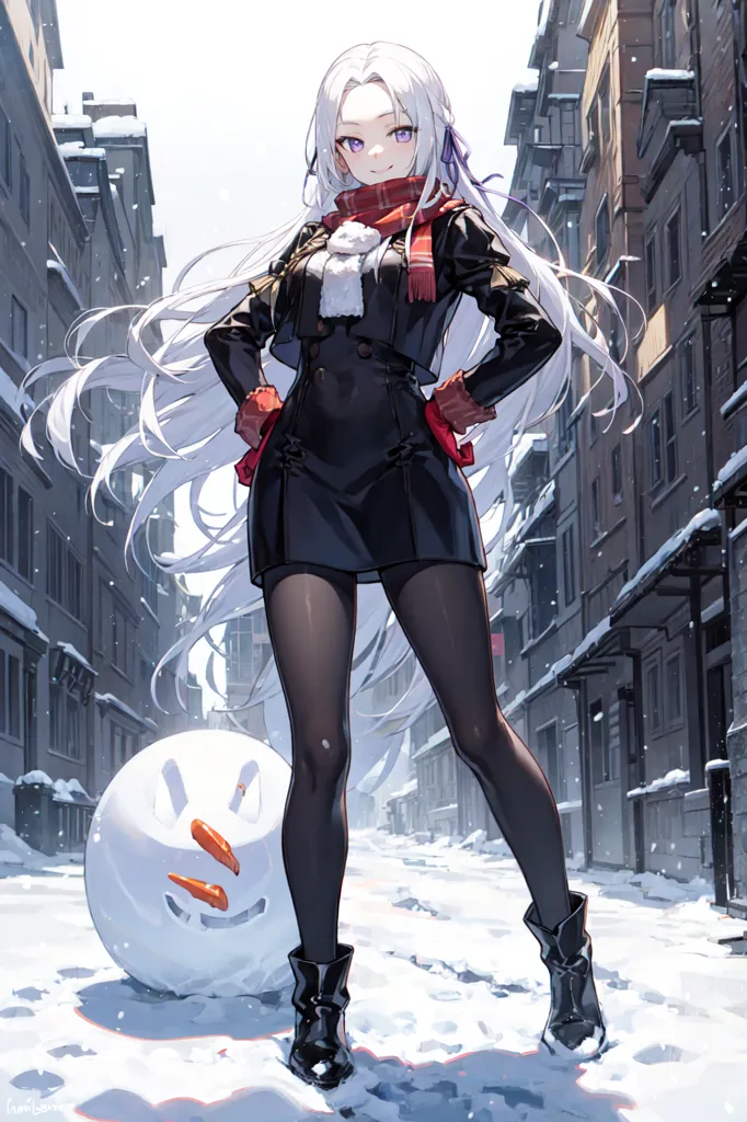 The image is a beautiful anime girl with long white hair and purple eyes. She is wearing a black coat and a red scarf. She is standing in a snowy street with a snowman beside her. The girl is smiling and has her hands on her hips.