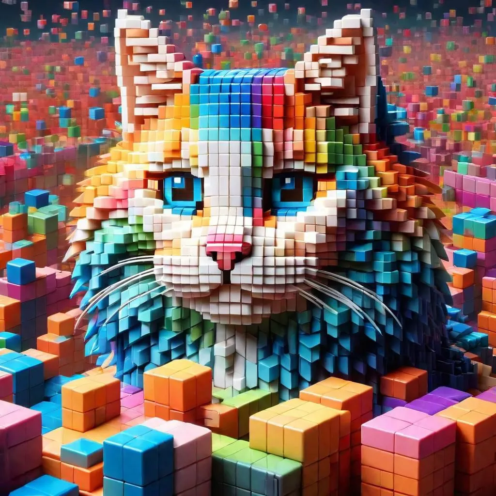 The image is a 3D rendering of a cat made of colorful cubes. The cat is sitting in a field of multi-colored cubes and looking at the viewer with its blue eyes. The cubes are arranged in a way that creates a sense of depth and dimension. The image is colorful and vibrant, and the cat's fur is made up of many different colors, including red, orange, yellow, green, blue, and purple. The background is made up of a sea of multi-colored cubes.