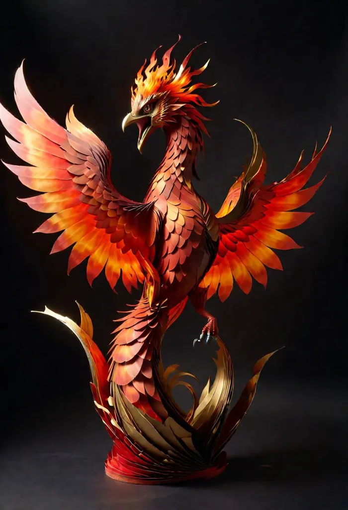 The image shows a phoenix, a mythical bird that is said to be a symbol of hope and renewal. The phoenix is depicted as a large, majestic bird with fiery red and gold feathers. It is standing on a bed of flames, and its wings are spread wide. The phoenix's head is turned to the side, and it has a determined expression on its face. The background is a dark, starry night sky.