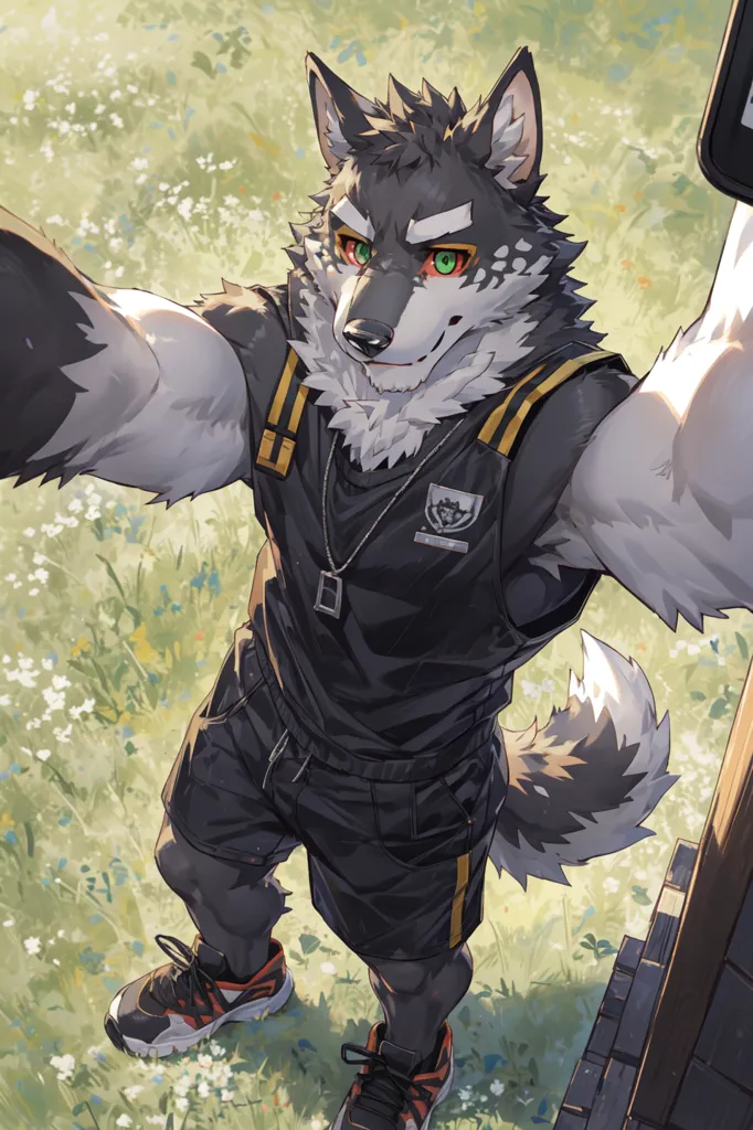 The image is of a muscular wolf anthropomorphic character with grey and black fur. He is wearing a black tank top and shorts with yellow stripes, and black sneakers with red and white soles. He has a confident expression on his face and is standing in a powerful pose with one hand on his hip and the other holding a phone to take a selfie. The background is a meadow with green grass and white flowers.