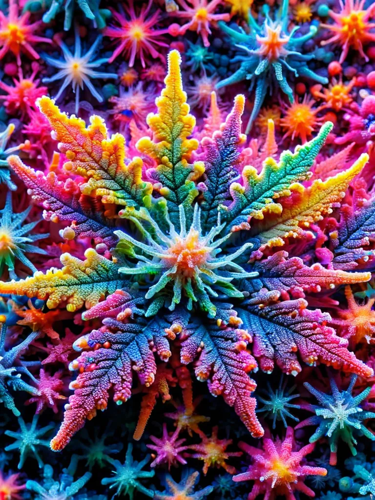 This is a digitally generated image of a flower that looks like it could be growing on the ocean floor. The flower has several petals that are rainbow-colored and arranged in a symmetrical pattern. The edges of the petals are lined with small, sharp spikes. The flower is surrounded by other similar flowers.