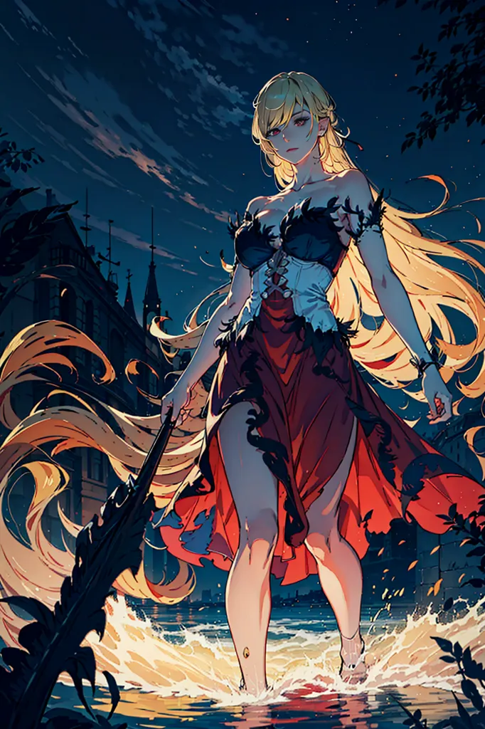 The picture shows a woman standing in the water. She is wearing a red and black dress. The dress is low-cut, and it shows a lot of her cleavage. She is also wearing a black choker. Her hair is long and blond, and it is flowing out behind her. She is holding a large sword in her right hand. The sword is pointed down, and it is dripping with blood. The woman's eyes are yellow, and they are glowing. She is standing in front of a large castle. The castle is made of black stone, and it has a large tower. The sky is dark, and there are storm clouds in the distance.