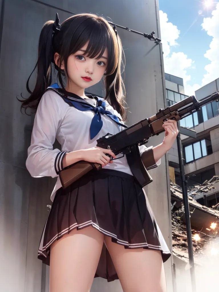 The image depicts an anime-style school girl with brown hair tied in twin ponytails. She is wearing a white blouse with a blue sailor-style collar and a black pleated skirt. She is also wearing black boots and a blue tie. The girl is standing in a war-torn city, holding an assault rifle. She has a determined expression on her face. The background of the image is a destroyed city. There are ruins of buildings and explosions in the distance. The image is in a realistic style and the colors are vibrant. The girl's expression is one of determination and focus. She is clearly prepared to fight for what she believes in. The image is a powerful and thought-provoking statement about the cost of war and the sacrifices that people are willing to make to protect their loved ones and their country.