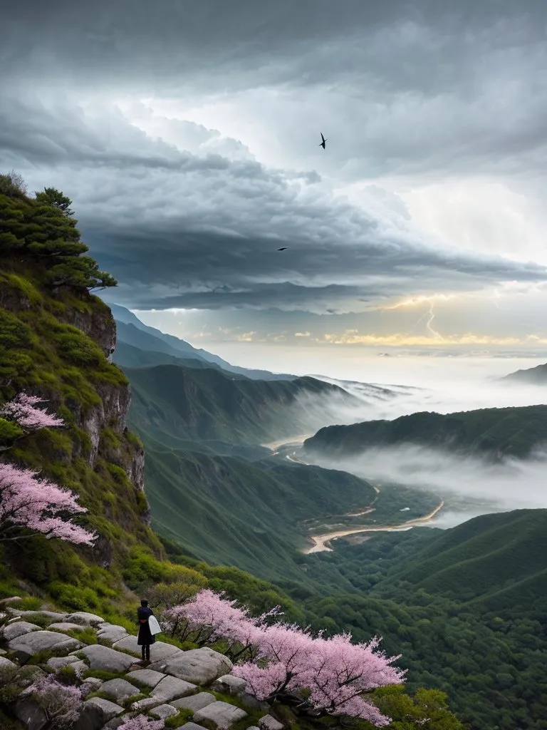 这张图片是一个多山的风景。山峰被浓密的雾气覆盖,只有山顶露出云层之上。天空阴暗多云,前景中有一只鸟在飞翔。在图片的前景中,一个人站在一个岩石峭壁上俯瞰着群山。这个人穿着一件长黑色大衣,脖子上围着一条白色围巾。这幅图既美丽又宁静,捕捉到了大自然的美丽。