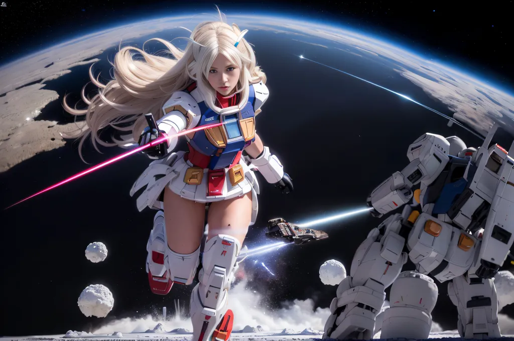 This is an image of a character from the Gundam franchise. She is wearing a white and blue jumpsuit and has long blonde hair. She is standing in space and there are two Gundams in the background. She is holding a beam saber and looks like she is ready to fight.