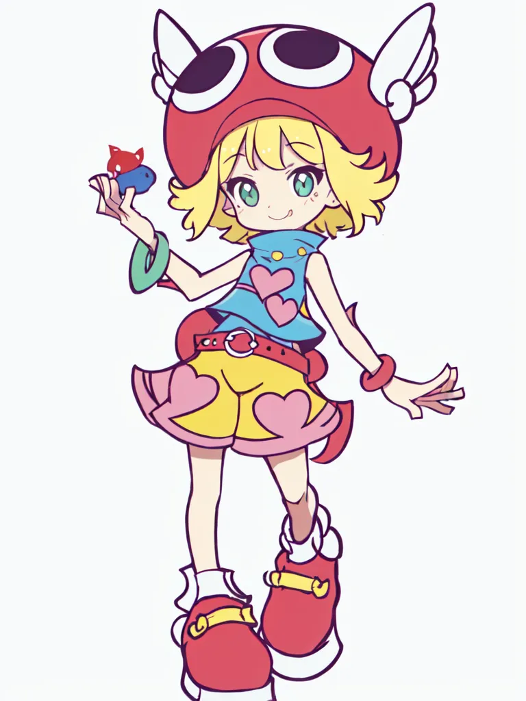 This is an image of a girl with yellow hair and green eyes. She is wearing a red and white hat with wings, a yellow shirt with red and blue hearts, and yellow shorts with red and blue hearts. She is also wearing red and white shoes. She is holding a small red creature in her hand. The creature has a yellow belly and blue eyes.